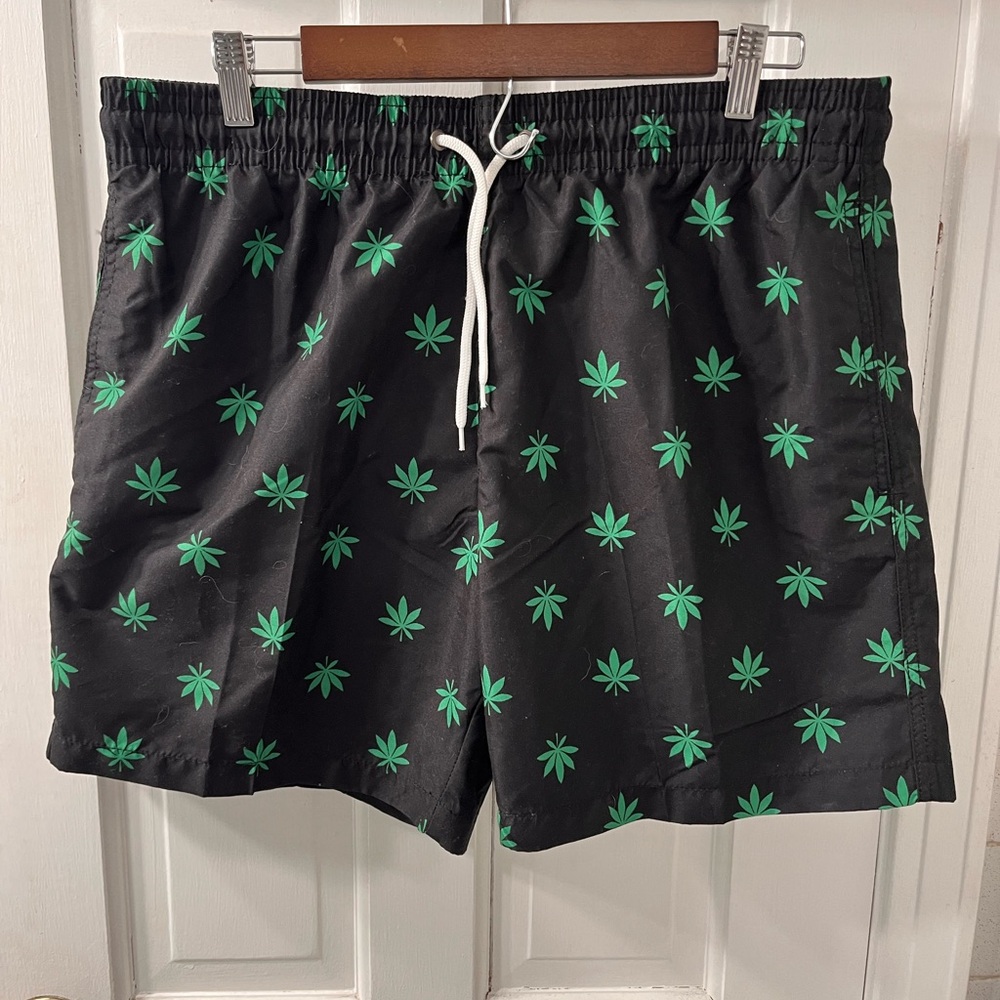 Stylish Black Swim Trunks with Green Leaf Design